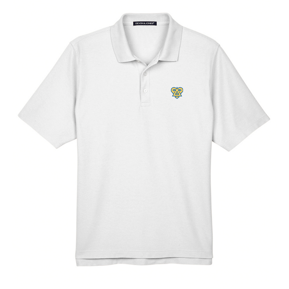 Delta Upsilon Badge Piqué Performance Polo in White